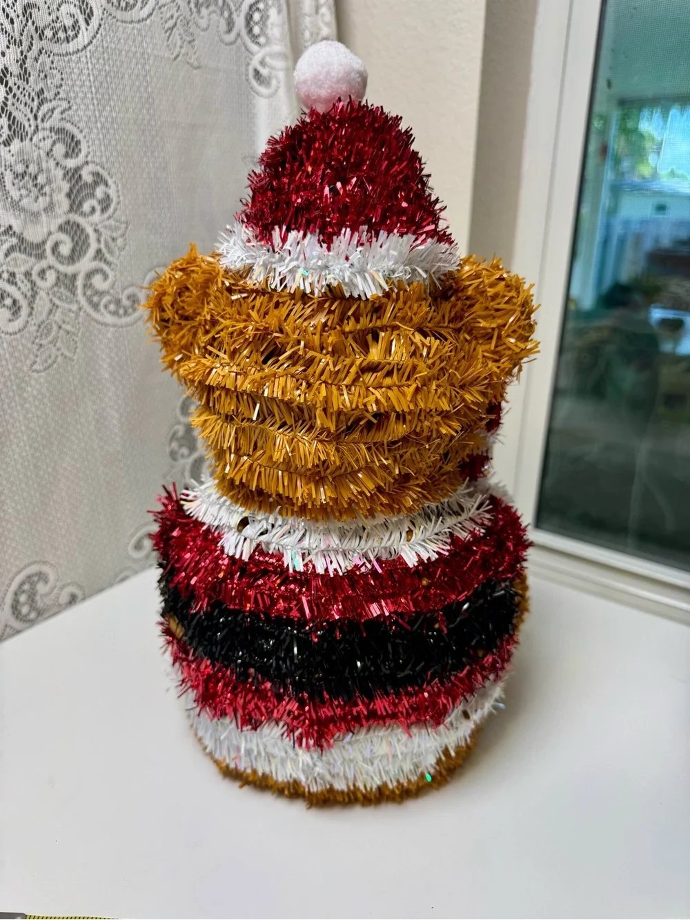 Large Tinsel Bear Holiday Figurine - Brown & Red